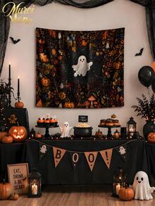 Muroi Mono 1pc Modern Square Polyester Fiber Wall Decorative Piece - Orange Skull Pattern Tapestry, Suitable For Decoration In Living Room, Bedroom, Room Decor, Wall Decor, Wall Art, Home Decor, And Suitable For Halloween Festival Decoration. - Halloween Ghost - View 3