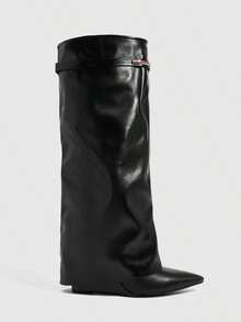 CUCCOO SZL Women Shoes Fashion Simple Versatile Autumn And Winter Black Design Pointed Metal Buckle Knee Boots Skinny Straight Boots - Black - View 4