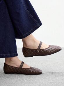 CUCCOO BIZCHIC Women's Square Toe Embroidered Coffee Color Mary Jane Flat Shoes, Minimalist Elegant Comfortable Old Money Style - coffee color - View 3