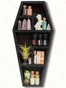 Unique Coffin‑Shaped Wooden Wall‑Mounted Shelf, Handmade Hanging Storage Rack, Spacious Display Shelf For Crystals, Home Decor For Halloween & Easter - Black - View 5
