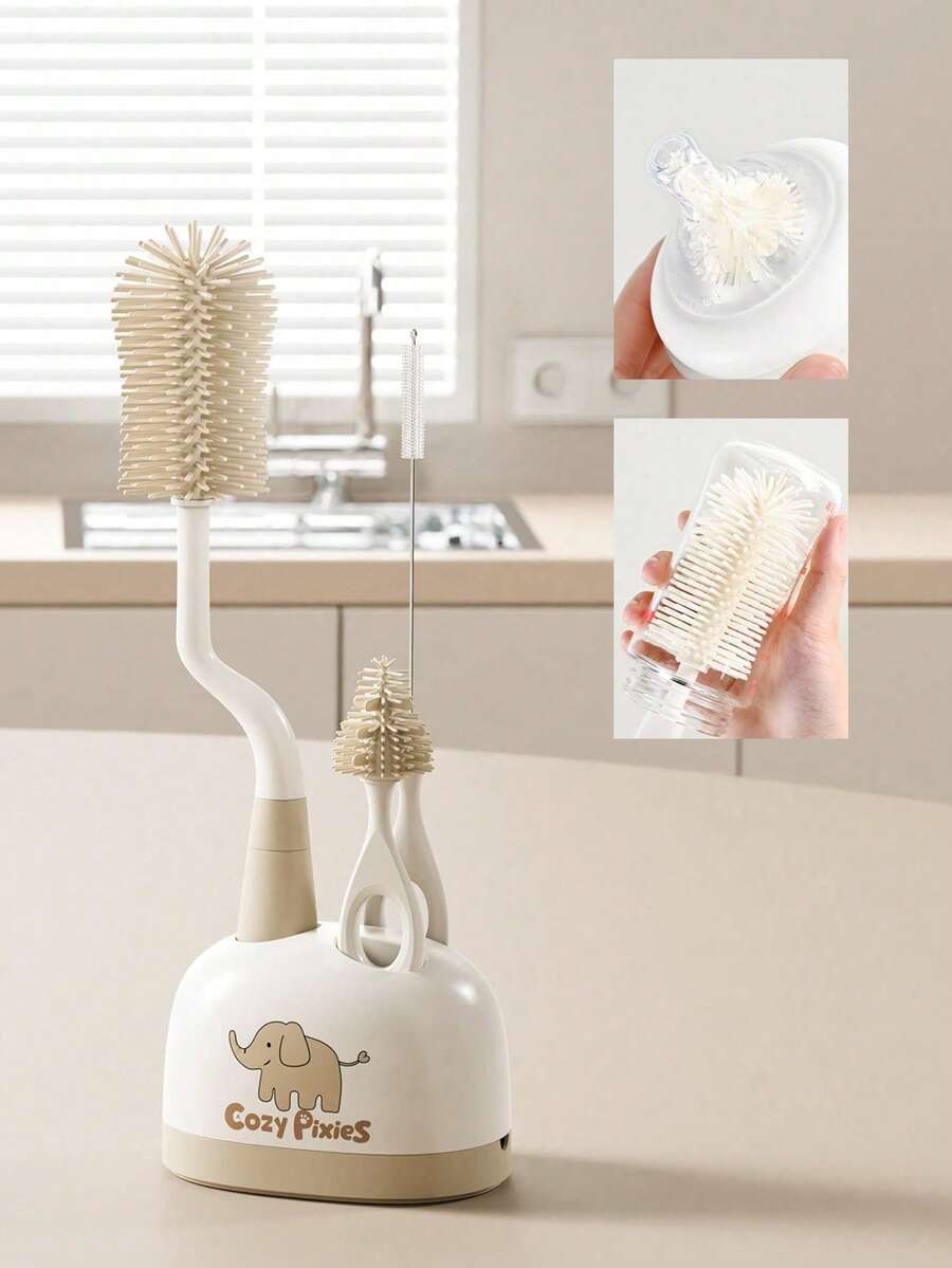 Cozy Pixies Baby Bottle Feeding Accessories Khaki Elephant Bottle Cleaning Brush Set Of 3 - Khaki - View 1