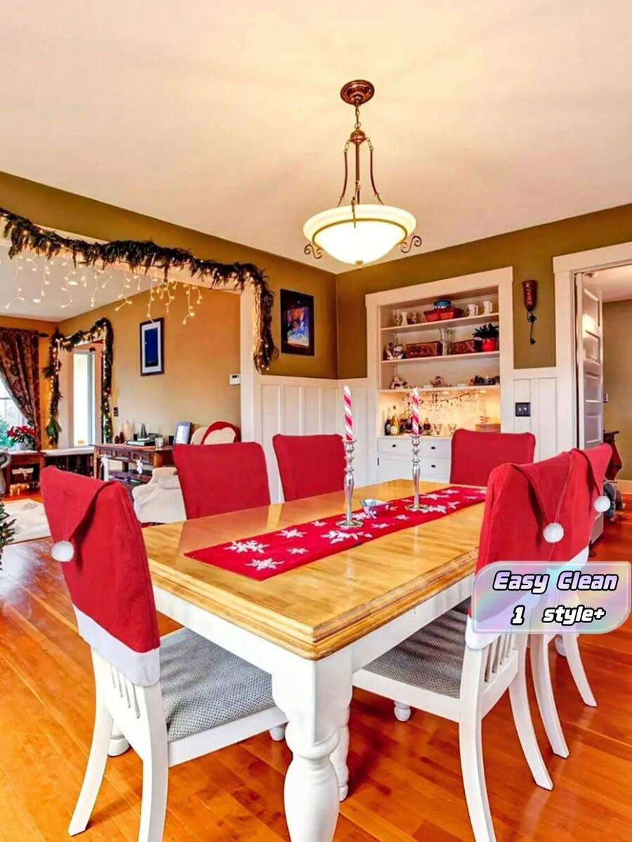 1 Piece Nonwoven Fabric Christmas Chair Cover Red Santa Snowman Print Elastic Dining Room Chair Slipcover For Kitchen Cafe Holiday Festive Decoration - A - View 1
