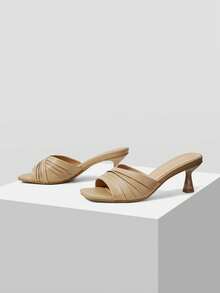Mnmlis Women's Spring/Summer New Pleated Strap Design Square Toe Stiletto Heel Mule Sandals, Minimalist Elegant Leather Backless Slides For Daily Commute, Dating And Summer Outfits - Apricot - View 2