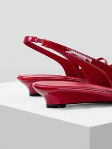 Mnmlis Women Shoes Back Strap Design Pointed Toe Flat Heel Low Heel Exquisite Light Luxury Glossy Patent Leather Positive Red Back Empty Closed Toe Sandals Fall Shoes - Red - View 3
