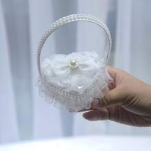 1PC Wedding Hand-Held Ring Box Lace Faux Pearl Ring Box Bow Small Flower Basket Flower Girl Hand-Held Heart-Shaped Ring Pillow Wedding Props - multicolor - View 4