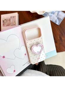 ShellaStory Heart-Shaped Mirror Stand Compatible With Apple 17PM Phone Case For Phone 16, Suitable For 15 High-End Appearance, 14 Soft, 17 Fresh Polka Dot Fashion, Personality, Girl, Creativity, Simple Style, Small Fresh, Niche, Ins Style - White - View 5