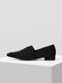 Mnmlis Retro Black Suede Fringed Pleated Low-Heeled Shoes, Rear Elastic Soft-Soled Versatile Commuter Low Vamp Women's Shoes - Black 2 - View 5