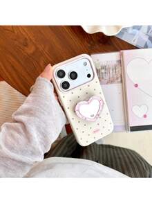 ShellaStory Heart-Shaped Mirror Stand Compatible With Apple 17PM Phone Case For Phone 16, Suitable For 15 High-End Appearance, 14 Soft, 17 Fresh Polka Dot Fashion, Personality, Girl, Creativity, Simple Style, Small Fresh, Niche, Ins Style - White - View 4