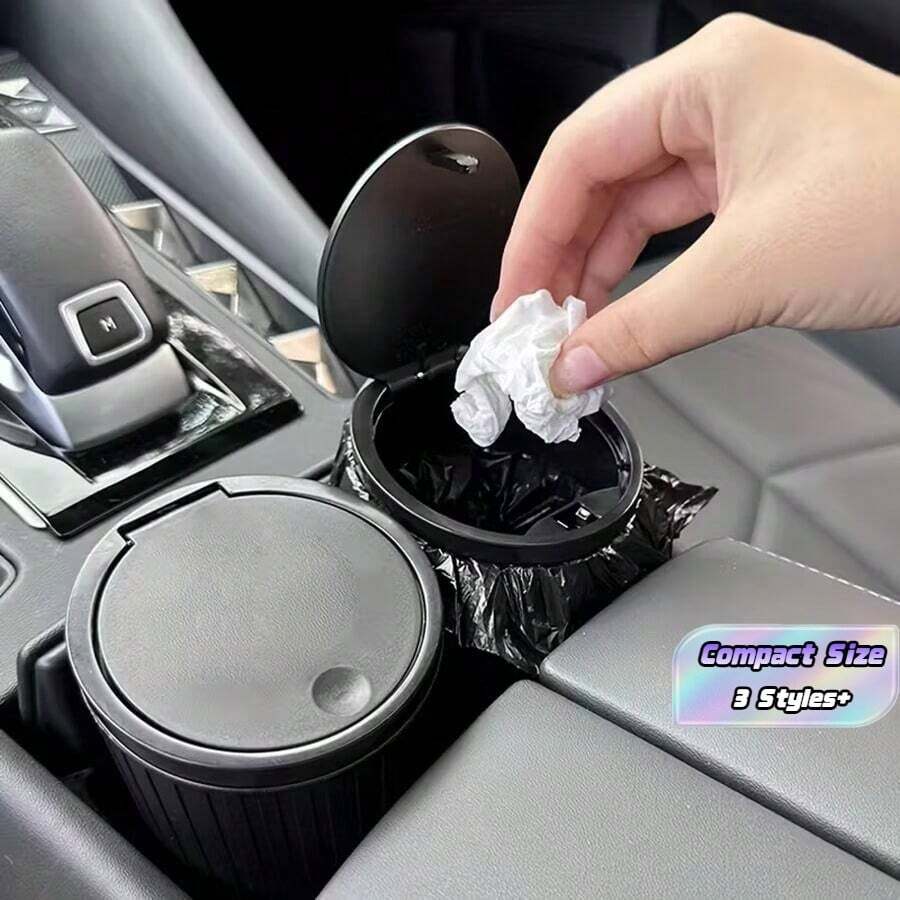 Premium Round Car Trash Can With Lid, Includes 15 Convenient Trash Bags ...