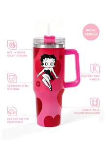 Betty Boop x SHEIN 40oz 附手柄保溫杯，真空保溫水壺，不鏽鋼旅行馬克杯，車用杯 - 紅色 - 查看 3