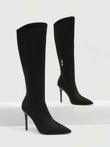 CUCCOO SZL Women Classic Black Pointed Toe Knee High Stiletto Heel Boots Fall Boots - Black - View 5