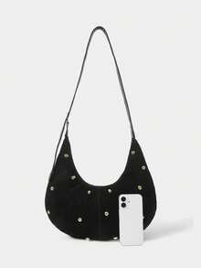 SHECARRY Ladies' Fashionable Black Shoulder Bag, Exquisite Rivet Decoration, Simple Crescent Bag, For Daily, Commuting, Shopping, Festivals - Black - View 5