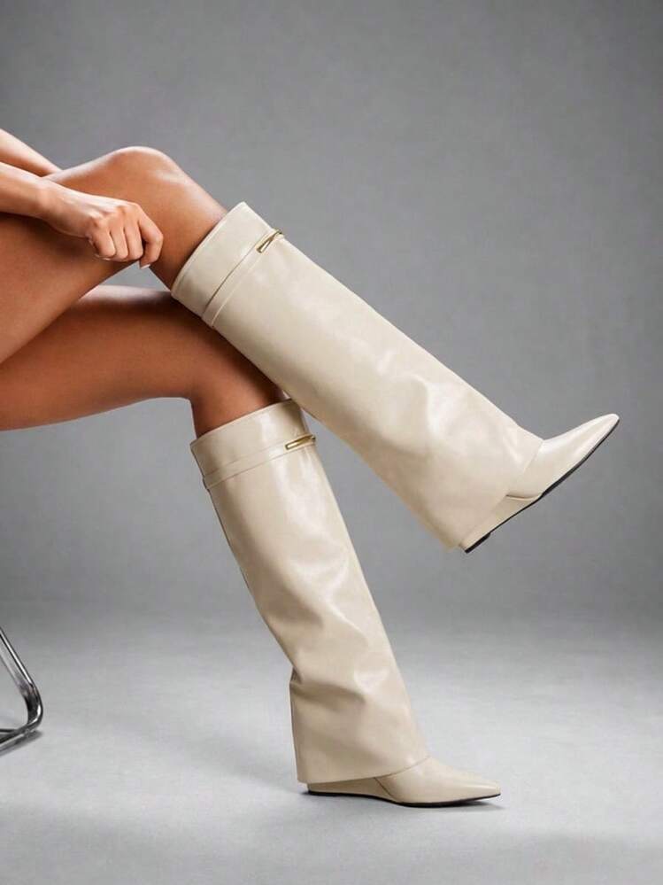CUCCOO SZL Women Shoes Fashion Simple Versatile Autumn And Winter Beige White Design Pointed Metal Buckle Knee Boots Skinny Straight Boots Fall Boots - Off-white - View 4