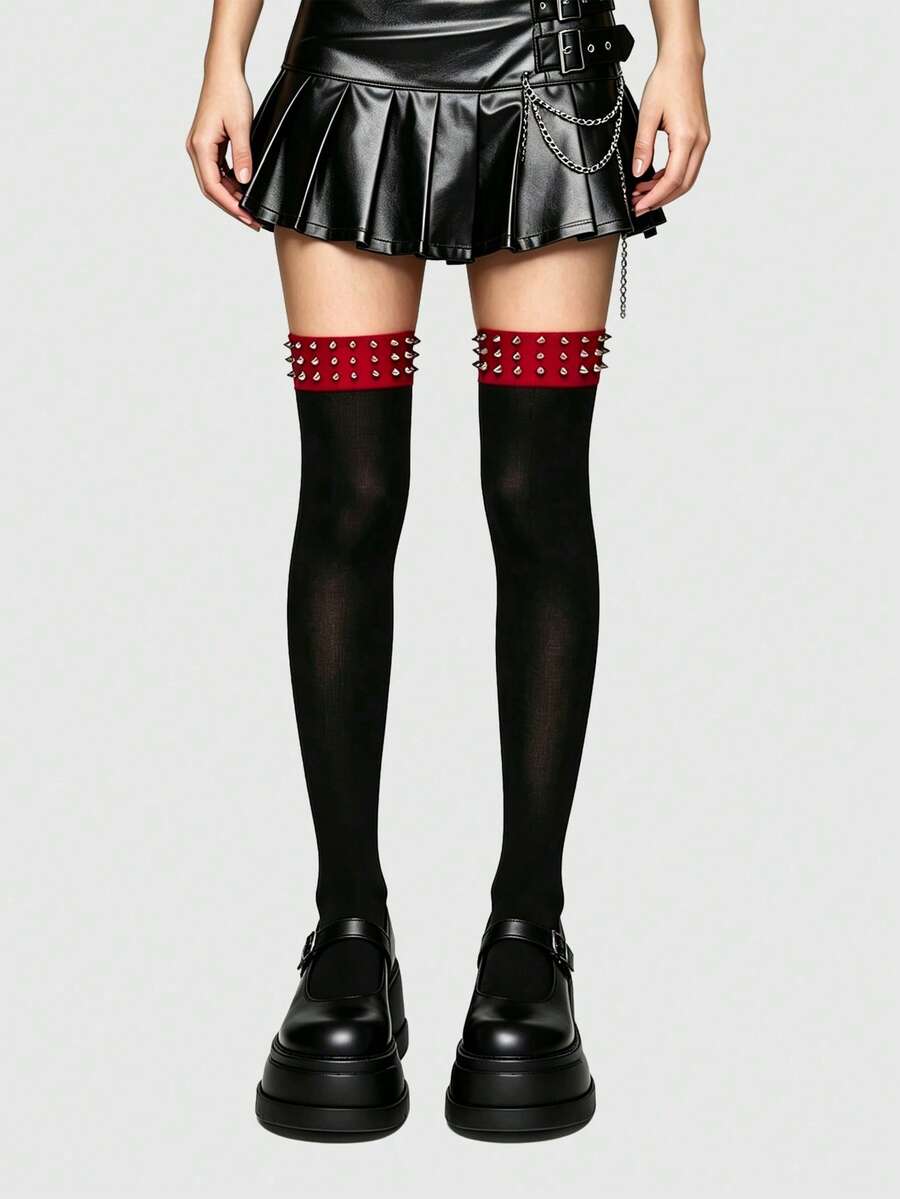 ROMWE Goth 1 Pair Of Punk Style Multi-Layer Rivet Knee Socks, Y2K Red Wide-Brimmed High-Tube Socks, Fashionable Elastic Black Stockings - Rivet red edge black socks - View 1