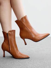 CUCCOO BIZCHIC 女款V領垂直縫線尖頭高跟短踝靴，適合秋冬通勤與約會，百搭女靴秋季靴 - 棕色2 - 查看 2