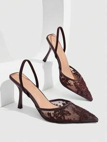 CUCCOO SZL Ladies Pointed Toe Round Vamp Breathable Rose Pattern Lace Surface. Painted Stiletto. Elastic Rear Strap Slingback Shoes. Four Seasons Fashion Festival Fall Shoes - dark coffee - View 1