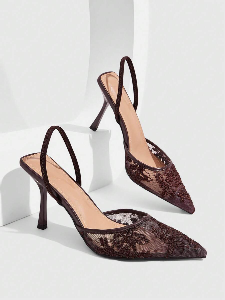 CUCCOO SZL Ladies Pointed Toe Round Vamp Breathable Rose Pattern Lace Surface. Painted Stiletto. Elastic Rear Strap Slingback Shoes. Four Seasons Fashion Festival Fall Shoes - dark coffee - View 1