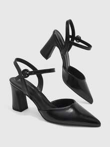 CUCCOO BIZCHIC Women's, Black, Leather Texture, Pointed Simple Thick Heel Buckle Empty High Heels, Suitable For Office And Business Wear - Black - View 10
