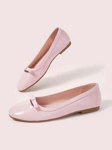 CUCCOO DOLLMOD Gentle Naked Pink Bright Leather Bow Low Vamp Shoes, Versatile Dating Flat Women's Commuting Shoes - Baby Pink - View 3