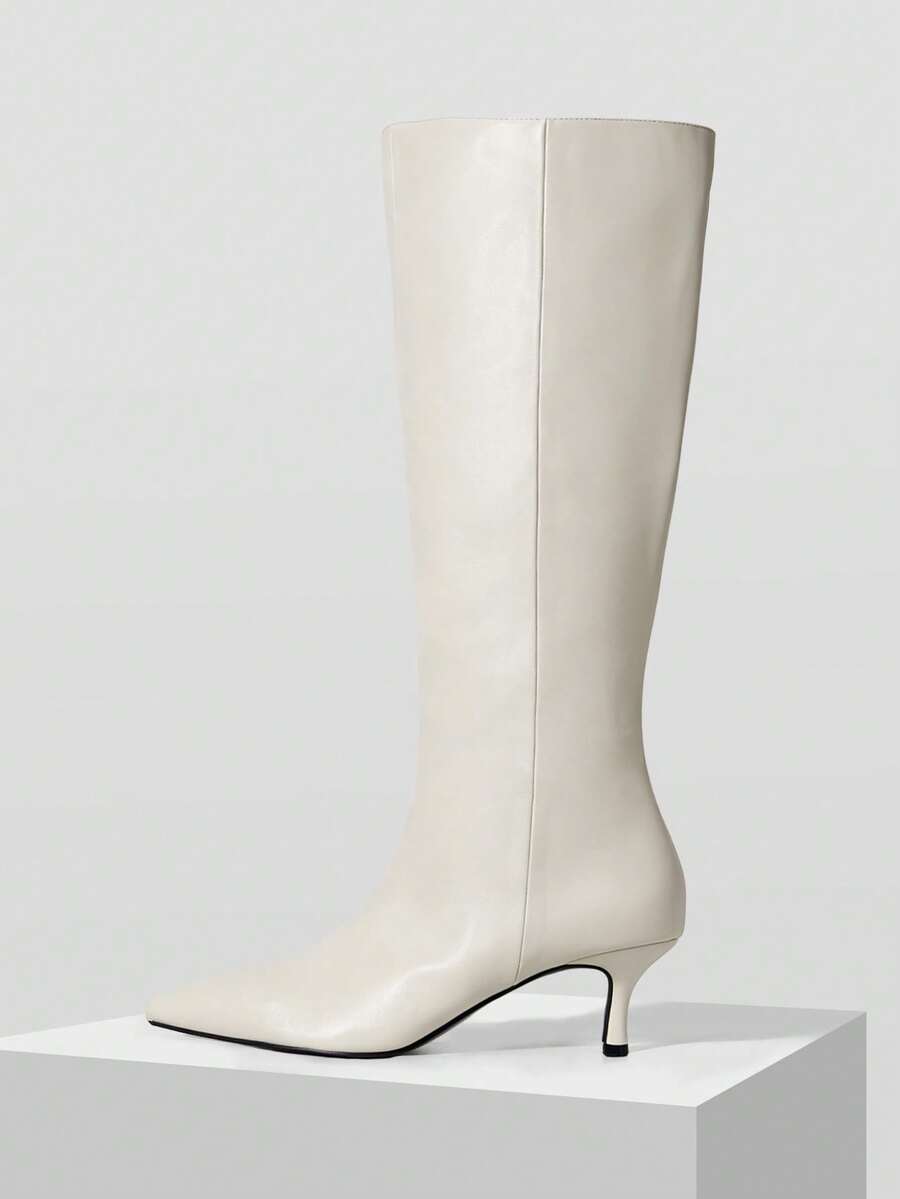 Mnmlis Autumn And Winter Maillard's New Pointed Low-Heeled Boots, Modified Leg-Type Versatile Boots, Soft Leather Loose Large Tube Circumference Boots, Small - Beige - View 1