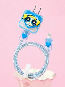 THE POWERPUFF GIRLS X SHEIN 數據線保護套，適用於 iPhone 充電器，4 件組手機線材保護套，充電器保護套（不含數據線） - 藍色 - 查看 1