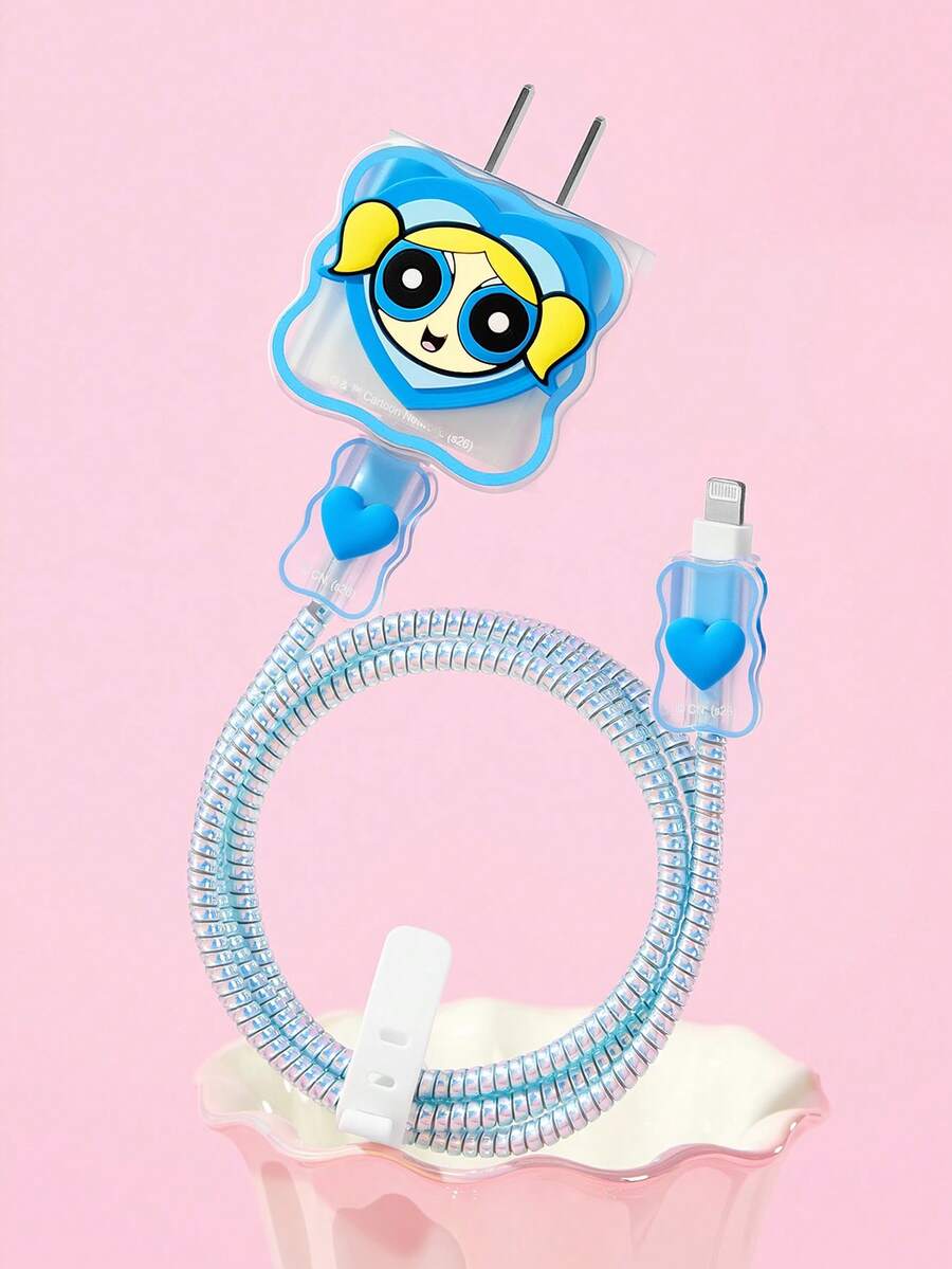 THE POWERPUFF GIRLS X SHEIN 數據線保護套,適用於 iPhone 充電器,4 件組手機線材保護套,充電器保護套(不含數據線) - 藍色 - 查看 1