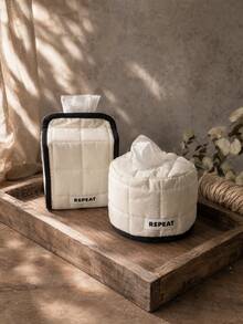 Cirelle 1PC/2PCS Modern Minimalist Quilted Tissue Box Cover, Black Contrast Trim Round Square Desktop Holder, Decorative Napkin Organizer For Living Room Entryway Office Home Table Decor - Multicolor - View 12
