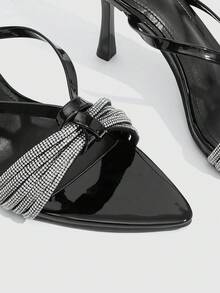 CUCCOO SZL Black Rhinestone Pointed High-Heeled Sandals Women, Cross-Strapped Stilettos, Banquet One-Button Open-Toed Shoes - Black - View 5