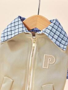PETSIN 1pc Khaki Plaid Lapel Pet Pilot Jacket, Blue Plaid Fake Two Pieces Lapel Letter P Embroidered Zipper Windproof Jacket, Small Cat And Dog Casual Commuting Clothes - Khaki - View 3