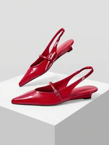 Mnmlis Women Shoes Back Strap Design Pointed Toe Flat Heel Low Heel Exquisite Light Luxury Glossy Patent Leather Positive Red Back Empty Closed Toe Sandals Fall Shoes - Red - View 1