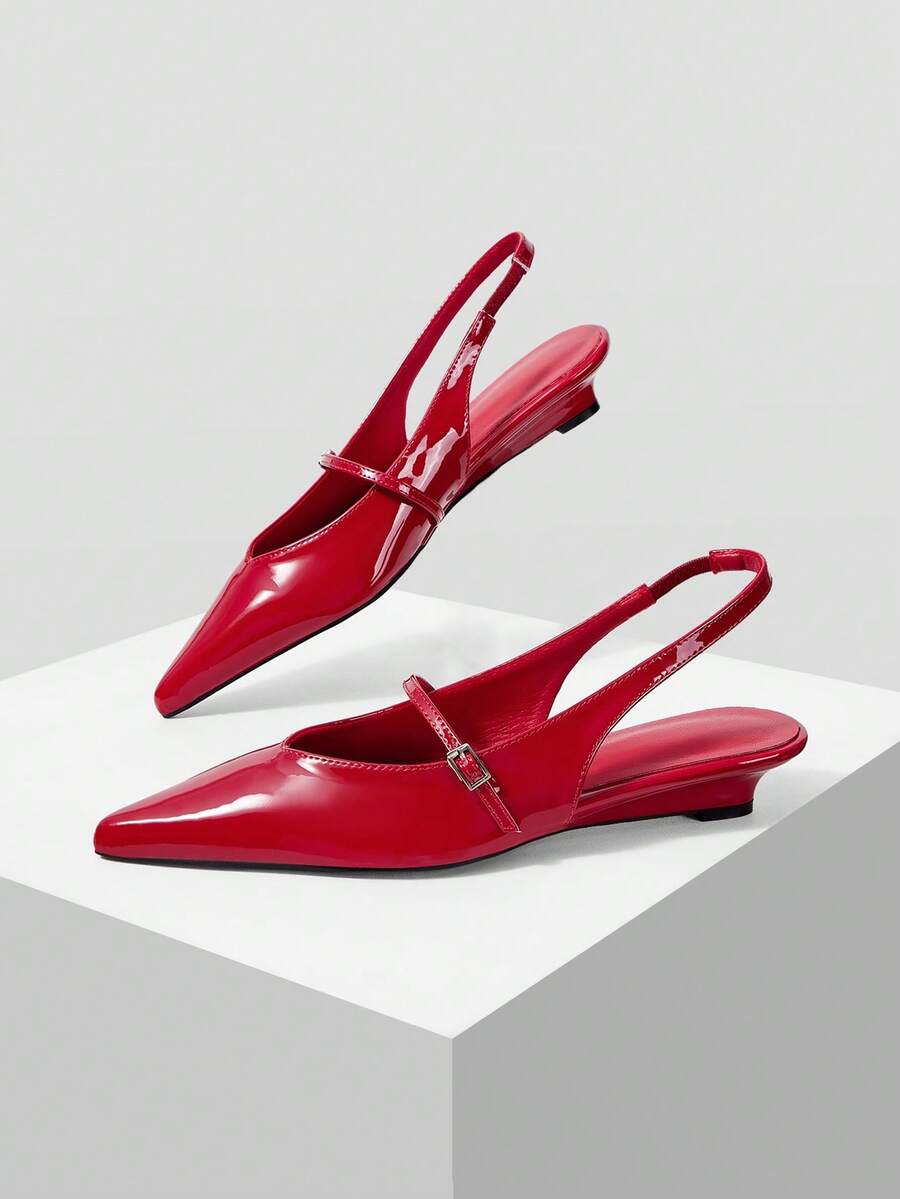 Mnmlis Women Shoes Back Strap Design Pointed Toe Flat Heel Low Heel Exquisite Light Luxury Glossy Patent Leather Positive Red Back Empty Closed Toe Sandals Fall Shoes - Red - View 1