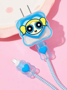 THE POWERPUFF GIRLS X SHEIN 數據線保護套，適用於 iPhone 充電器，4 件組手機線材保護套，充電器保護套（不含數據線） - 藍色 - 查看 2