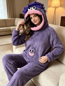 1 bộ jumpsuit có mũ thiết kế hoạt hình Winter Fun mùa đông - Màu tím tóc màu tím miệng lớn quái vật - Xem 6