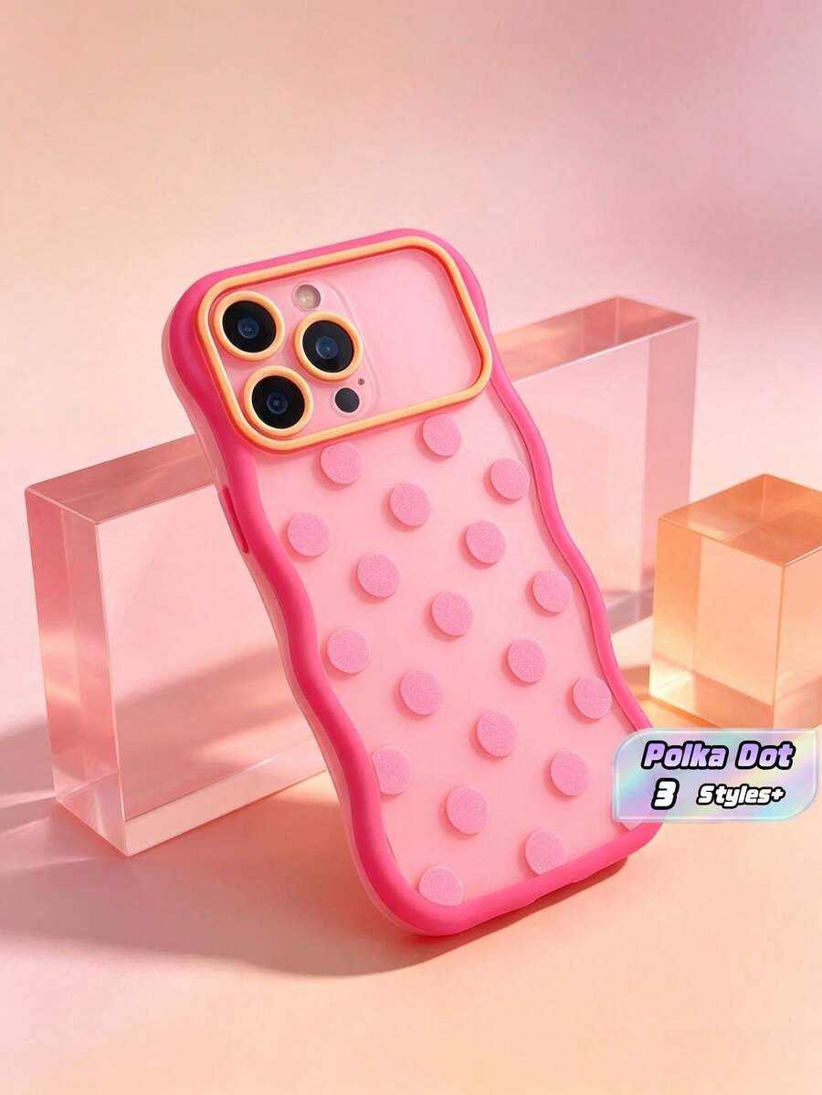 1PC Peach Pink Wavy Macaron Polka Dot Phone Case Compatible With IPhone 18/18 Pro/18 Pro Max Frosted Semi Transparent Matte Finish Shockproof Cover For Women Girls - Multicolor - View 1