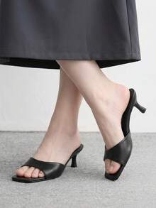 CUCCOO BIZCHIC 女款春夏新款黑色一體式露趾高跟涼鞋拖鞋，簡約時尚舒適百搭通勤款 - PU黑色 - 查看 9