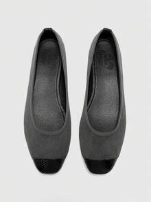 CUCCOO BIZCHIC Satin Glossy Patent Leather Square Toe Black Flat Ballet Shoes Simple Shallow Commuter Versatile Shoes - Gray fleece splicing - View 1