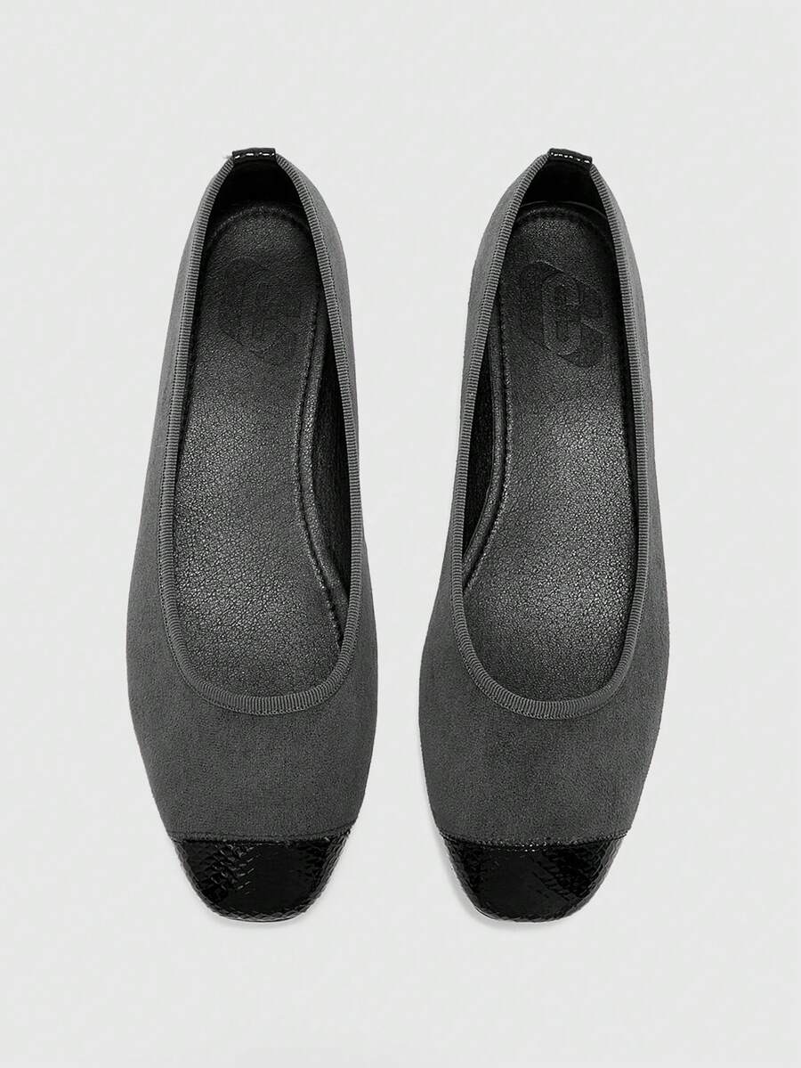 CUCCOO BIZCHIC Satin Glossy Patent Leather Square Toe Black Flat Ballet Shoes Simple Shallow Commuter Versatile Shoes - Gray fleece splicing - View 1