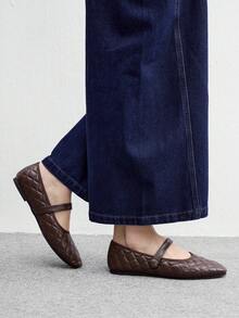 CUCCOO BIZCHIC Women's Square Toe Embroidered Coffee Color Mary Jane Flat Shoes, Minimalist Elegant Comfortable Old Money Style - coffee color - View 4