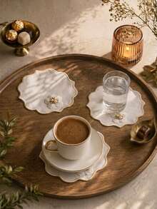 Cirelle 2pcs White Scalloped Coasters With Pearl Flower Decor, Elegant Fabric Cup Mats For Drinks, Vintage Coasters Set For Coffee Table Dining Room Kitchen Home Decor - Multicolor - View 3