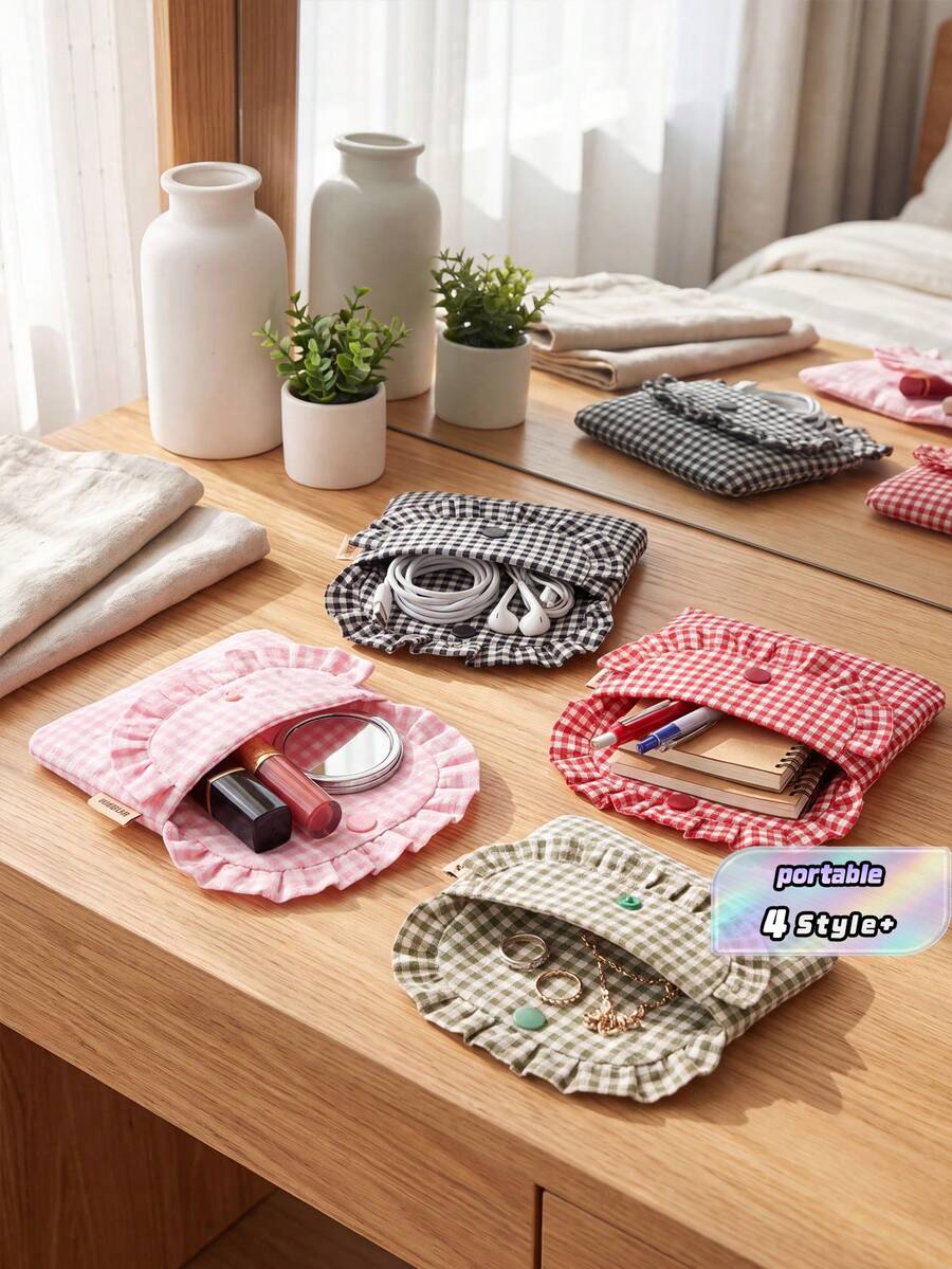 Adorable Plaid Pattern Bag Storage Bag Canvas Camera Case Mini Adorable Square Cosmetic Bag Camera Dustproof Storage Pouch - View 1