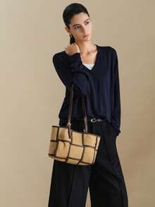 Wovira Women's Fashion Khaki Shoulder Bag, Retro Contrasting Woven Tote Bag, Suitable For Daily, Commuting, Shopping, Gift Giving - Khaki - View 3
