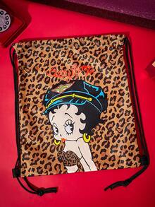 Betty Boop X Joivida Leopard Print Cartoon Character Double-Sided Pattern Drawstring Backpack Lightweight Sports Sack Bag For Gym Yoga Travel Daily Use - leopard print - View 5