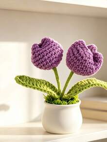 1Pc Hand‑Crocheted Double‑Head Tulip Potted Plant, Knitted Artificial Flower Bonsai, Cute Desktop Ornament, Handmade Home Decor Gift - B - View 6