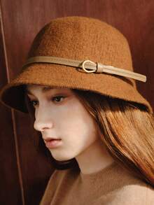 Opalesca Topi Nelayan Wol Warna Polos Retro untuk Wanita, Topi Tinggi Dekoratif dengan Gesper Sabuk, Topi Baskom Musim Gugur dan Musim Dingin - Coffee Brown - View 5