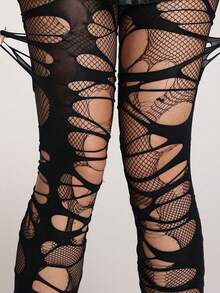 ROMWE Grunge Punk A Set Of Punk Style Suit, Mesh Fishnet Socks + Ripped Pantyhose, Black Tights Combination, Suitable For Daily Wear, Parties And Music Festivals. - Black small mesh ripped socks - View 3