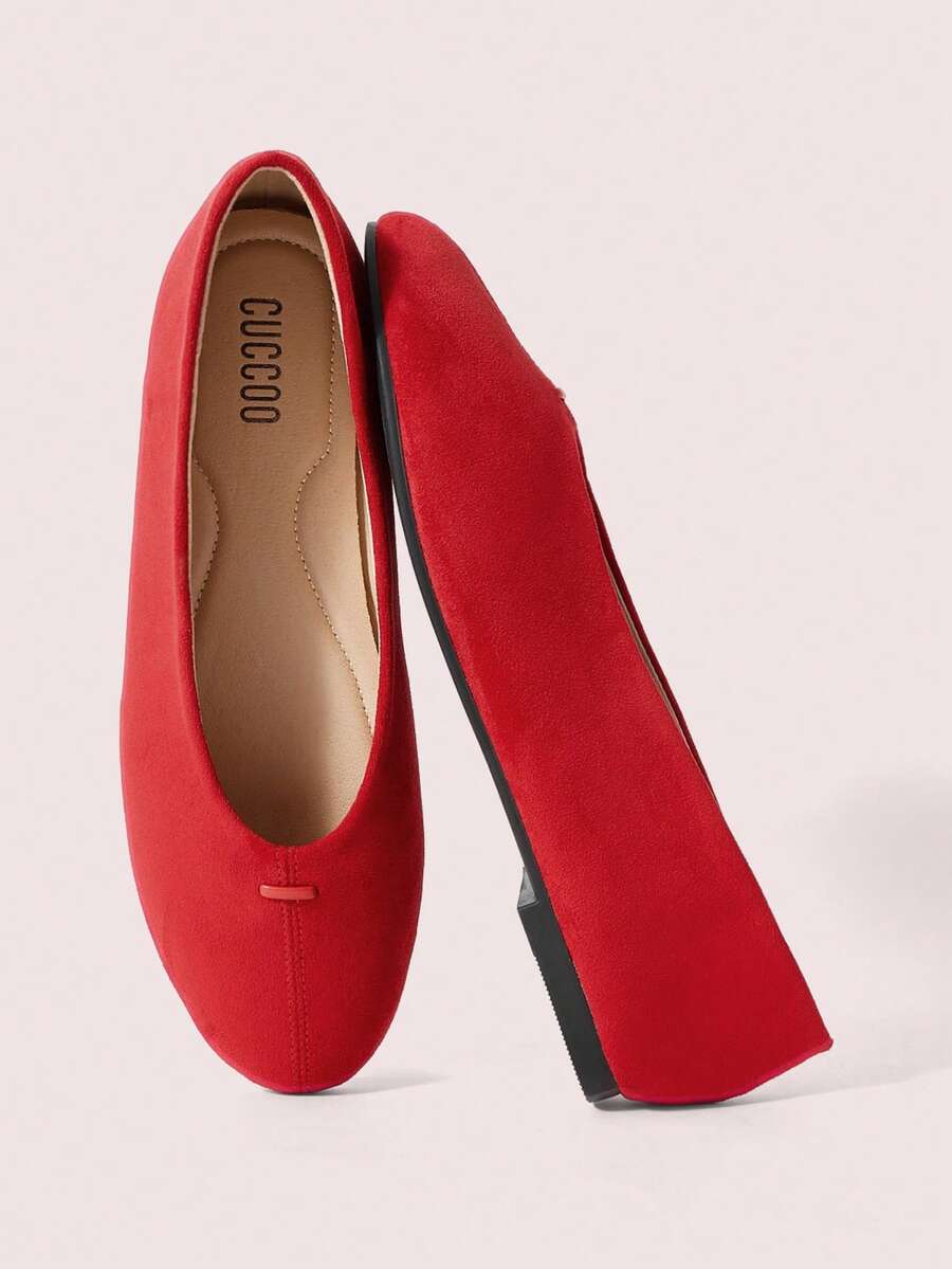 CUCCOO DOLLMOD Women's Shoes, Red, Suede Texture, Round Toe Ballet Flats, Sweet, Cute, Comfortable And Versatile. - Red - View 1