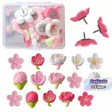 12pcs/24pcs Sakura Flower Push Pins, Floral Decorative Thumbtacks, Suitable For Bulletin Board, Photo Wall, Map, And Other Office/School Supplies And Decorations, Resin Material - A - View 1