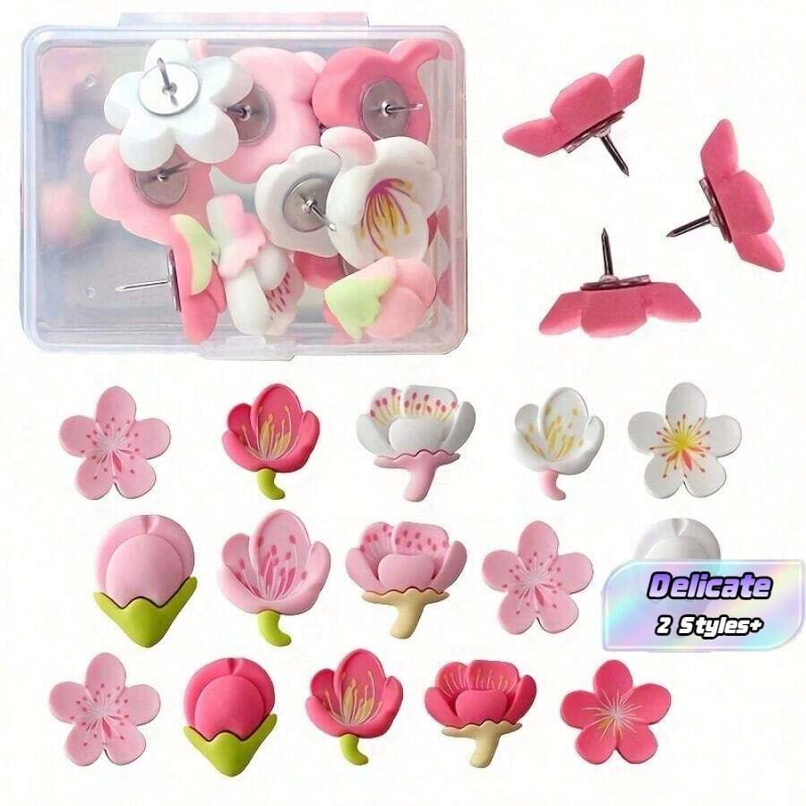 12pcs/24pcs Sakura Flower Push Pins, Floral Decorative Thumbtacks, Suitable For Bulletin Board, Photo Wall, Map, And Other Office/School Supplies And Decorations, Resin Material - A - View 1