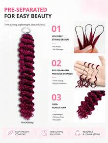 Boho Braids 99J 酒紅色深波浪無氈假髮 羽毛鉤編真人髮接髮 適用於 Miracle Knots 柔軟明顯波浪感 輕盈自然外觀 易安裝 可重複使用 16-24 英吋 - S99J - 查看 6