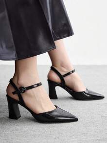CUCCOO BIZCHIC Women's, Black, Leather Texture, Pointed Simple Thick Heel Buckle Empty High Heels, Suitable For Office And Business Wear - Black - View 1
